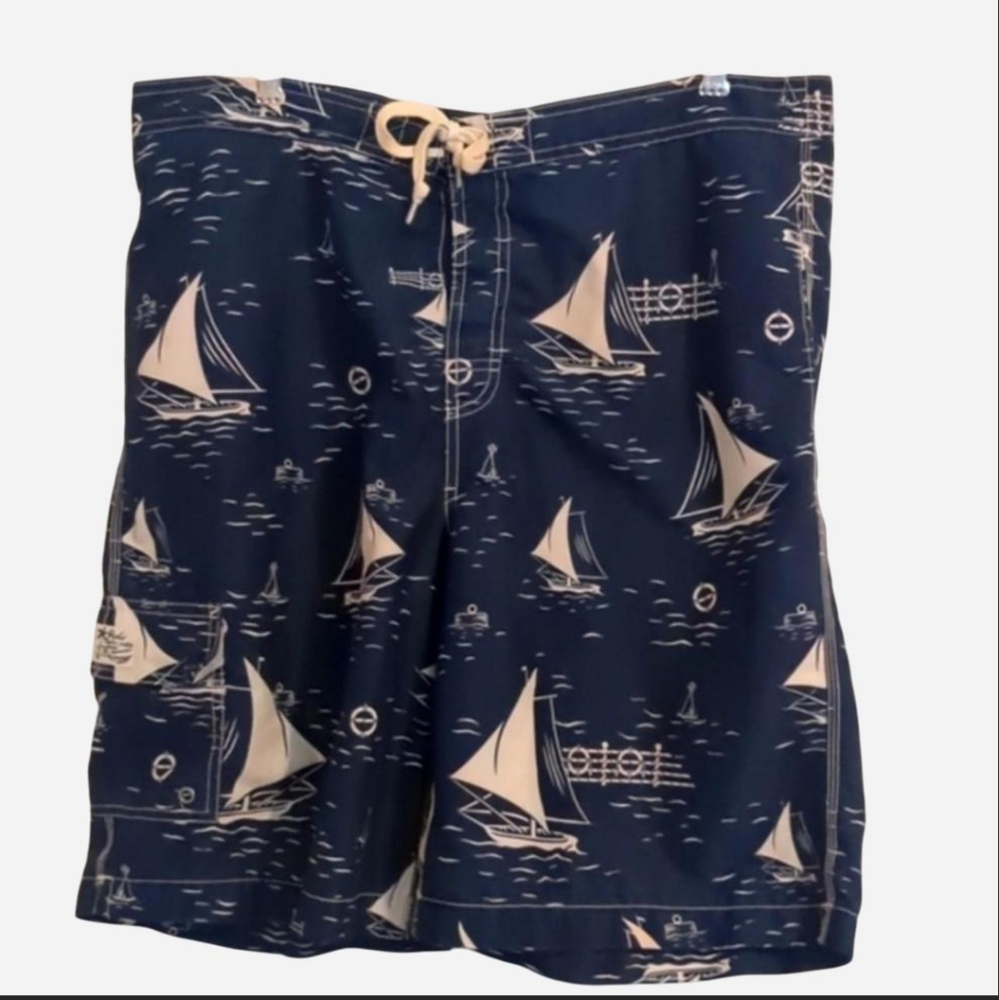 VINTAGE Polo Ralph Lauren Nautical Sailboat Swim Trunks - Navy Blue/Ivory - L